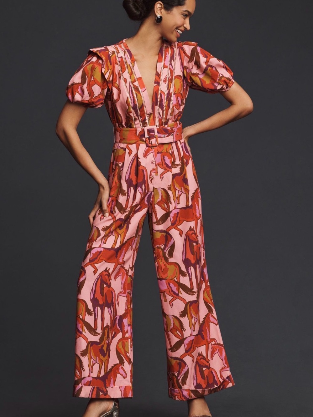 FARM Rio Pink Abstract Horse-Print Wide-Leg Jumpsuit with Belt
